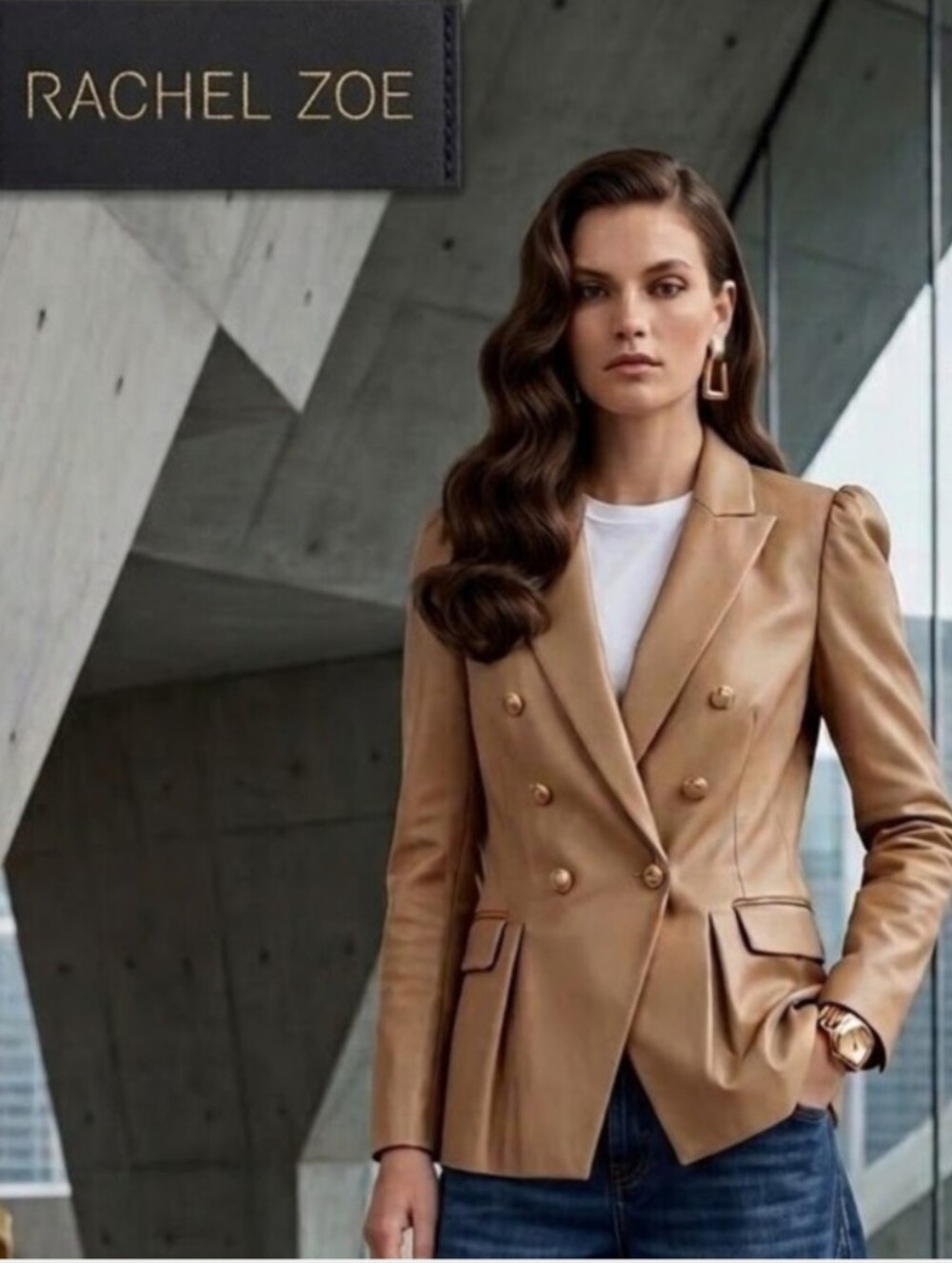 Rachel Zoe Double-Breasted Tan Blazer with Gold Buttons